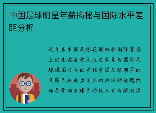 中国足球明星年薪揭秘与国际水平差距分析